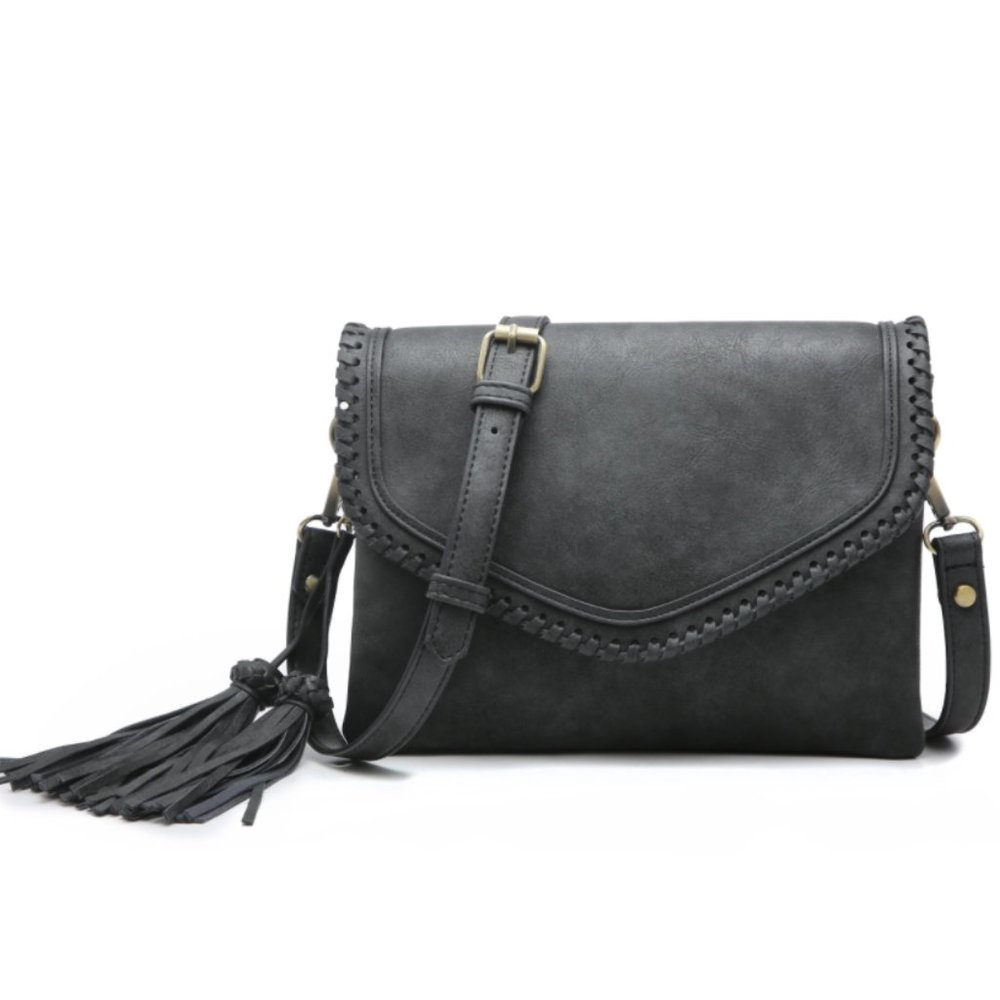 Flapover Crossbody w/ Whipstitch and Tassel